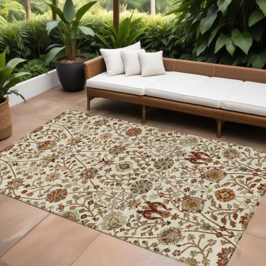 Ivory Brown And Red Floral Washable Indoor Outdoor Area Rug Photo 1