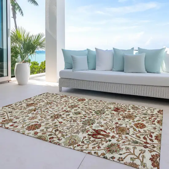 Ivory Brown And Red Floral Washable Indoor Outdoor Area Rug Photo 7