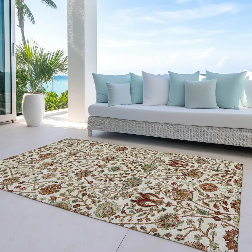 Ivory Brown And Red Floral Washable Indoor Outdoor Area Rug Photo 8