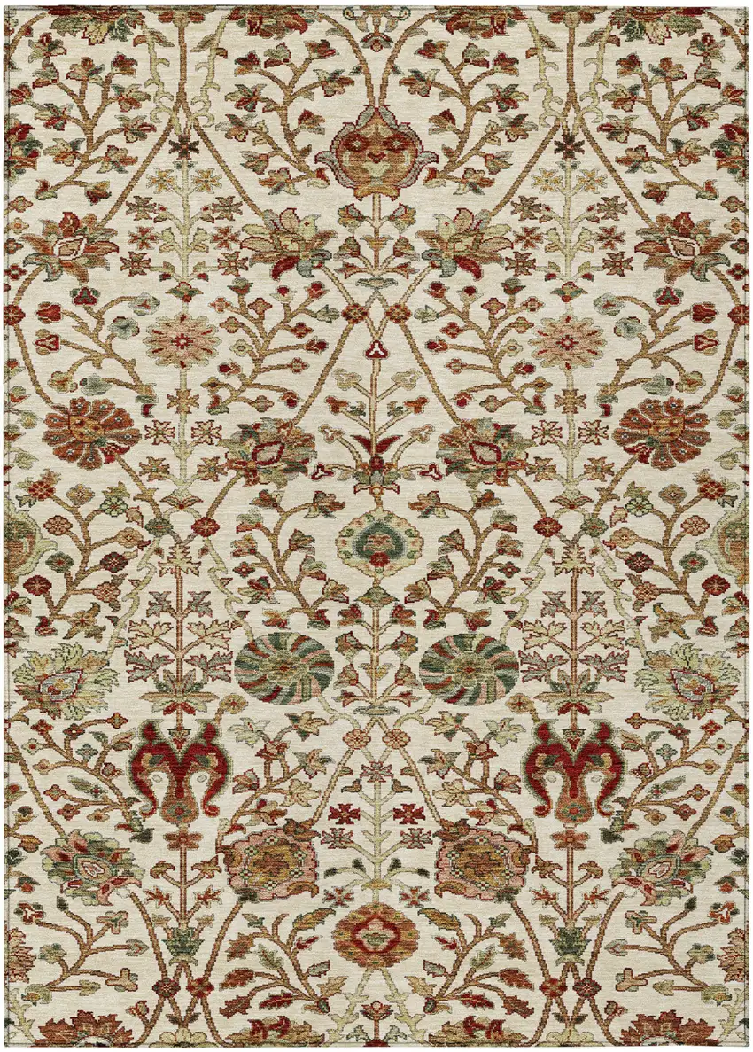 Ivory Brown And Red Floral Washable Indoor Outdoor Area Rug Photo 2