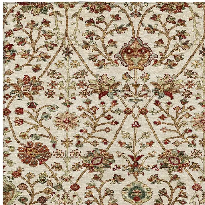 Ivory Brown And Red Floral Washable Indoor Outdoor Area Rug Photo 5