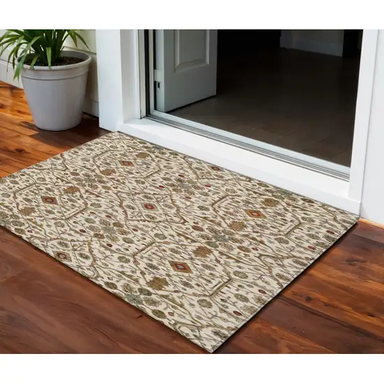 Ivory Brown And Red Floral Washable Indoor Outdoor Area Rug Photo 1