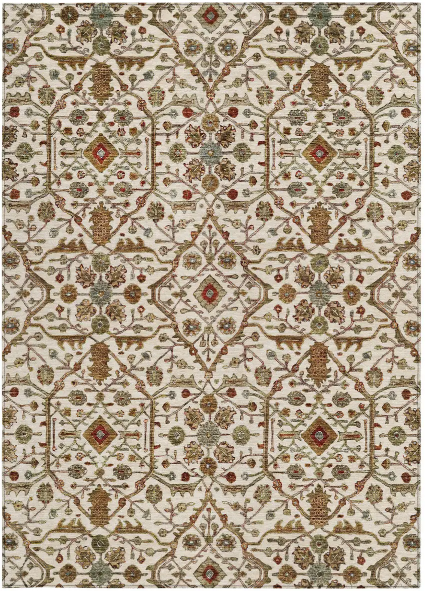 Ivory Brown And Red Floral Washable Indoor Outdoor Area Rug Photo 6