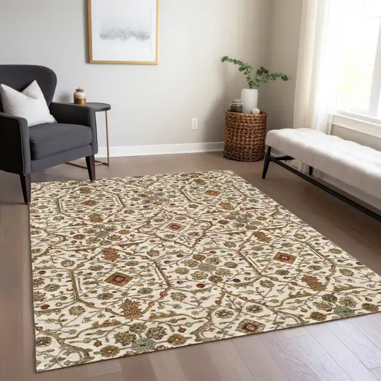 Ivory Brown And Red Floral Washable Indoor Outdoor Area Rug Photo 9
