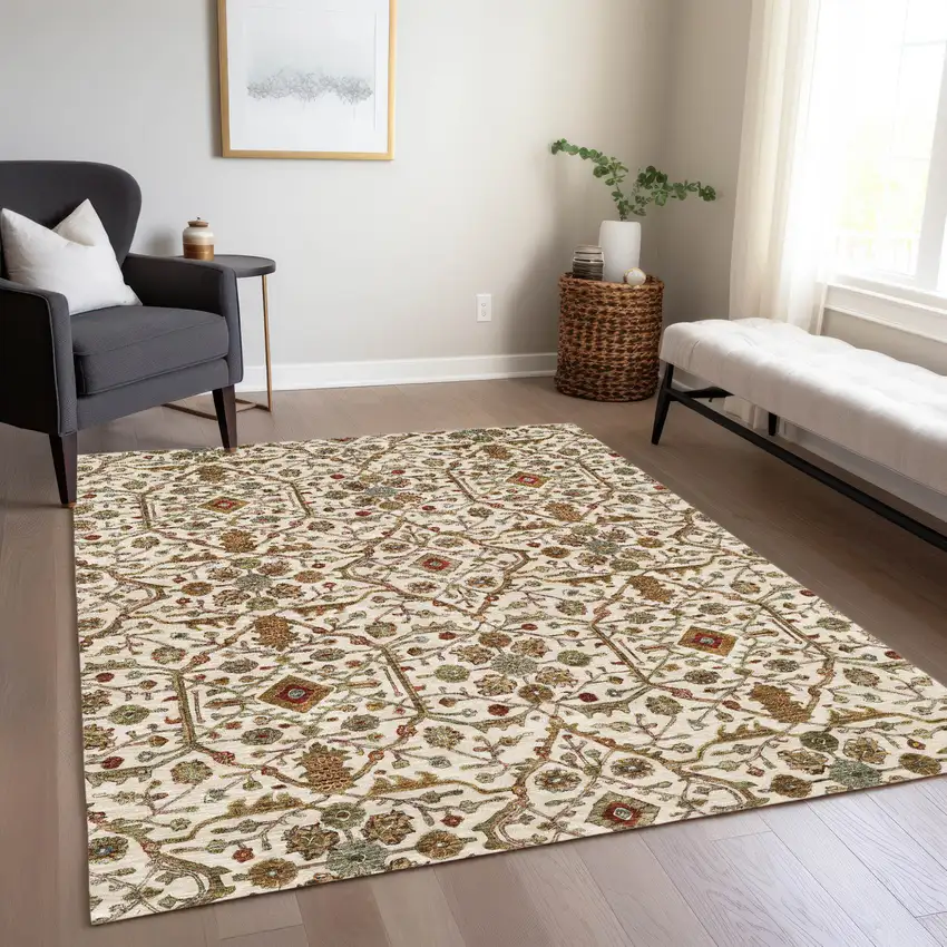 Ivory Brown And Red Floral Washable Indoor Outdoor Area Rug Photo 9