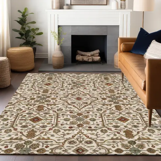 Ivory Brown And Red Floral Washable Indoor Outdoor Area Rug Photo 8