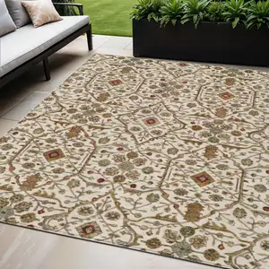 Photo of Ivory Brown And Red Floral Washable Indoor Outdoor Area Rug