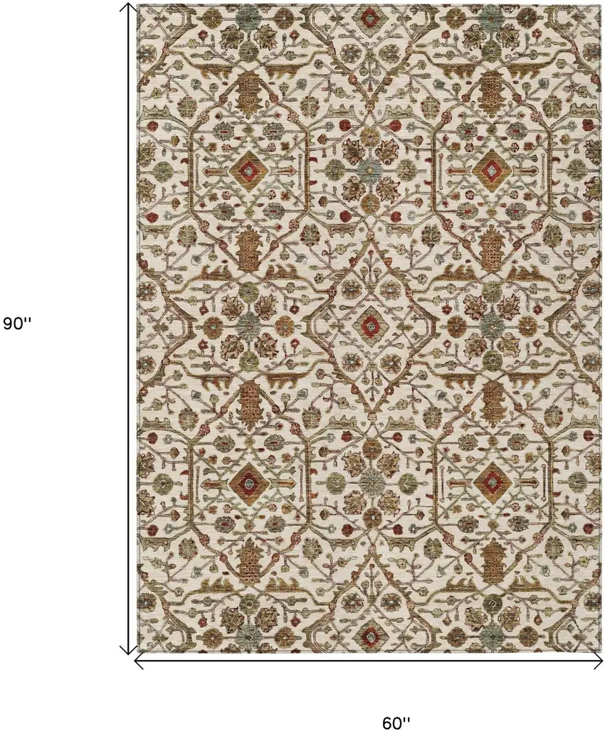 Ivory Brown And Red Floral Washable Indoor Outdoor Area Rug Photo 7