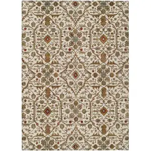 Photo of Ivory Brown And Red Floral Washable Indoor Outdoor Area Rug