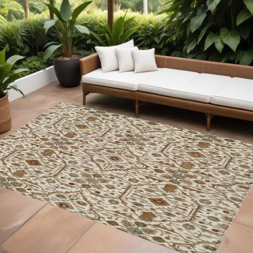 Ivory Brown And Red Floral Washable Indoor Outdoor Area Rug Photo 1