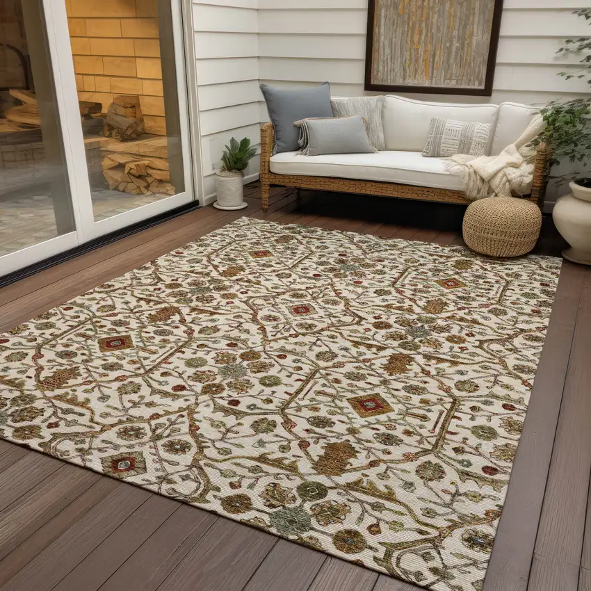 Ivory Brown And Red Floral Washable Indoor Outdoor Area Rug Photo 8