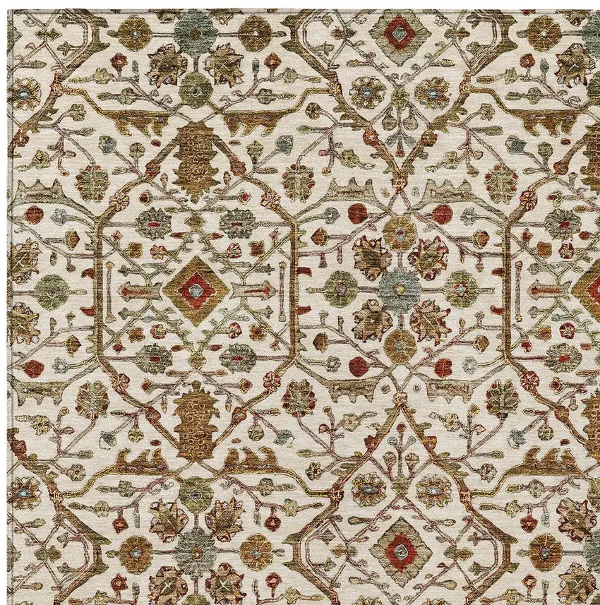 Ivory Brown And Red Floral Washable Indoor Outdoor Area Rug Photo 5