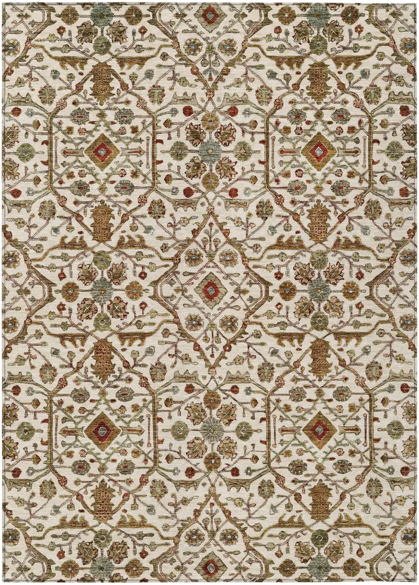 Ivory Brown And Red Floral Washable Indoor Outdoor Area Rug Photo 2