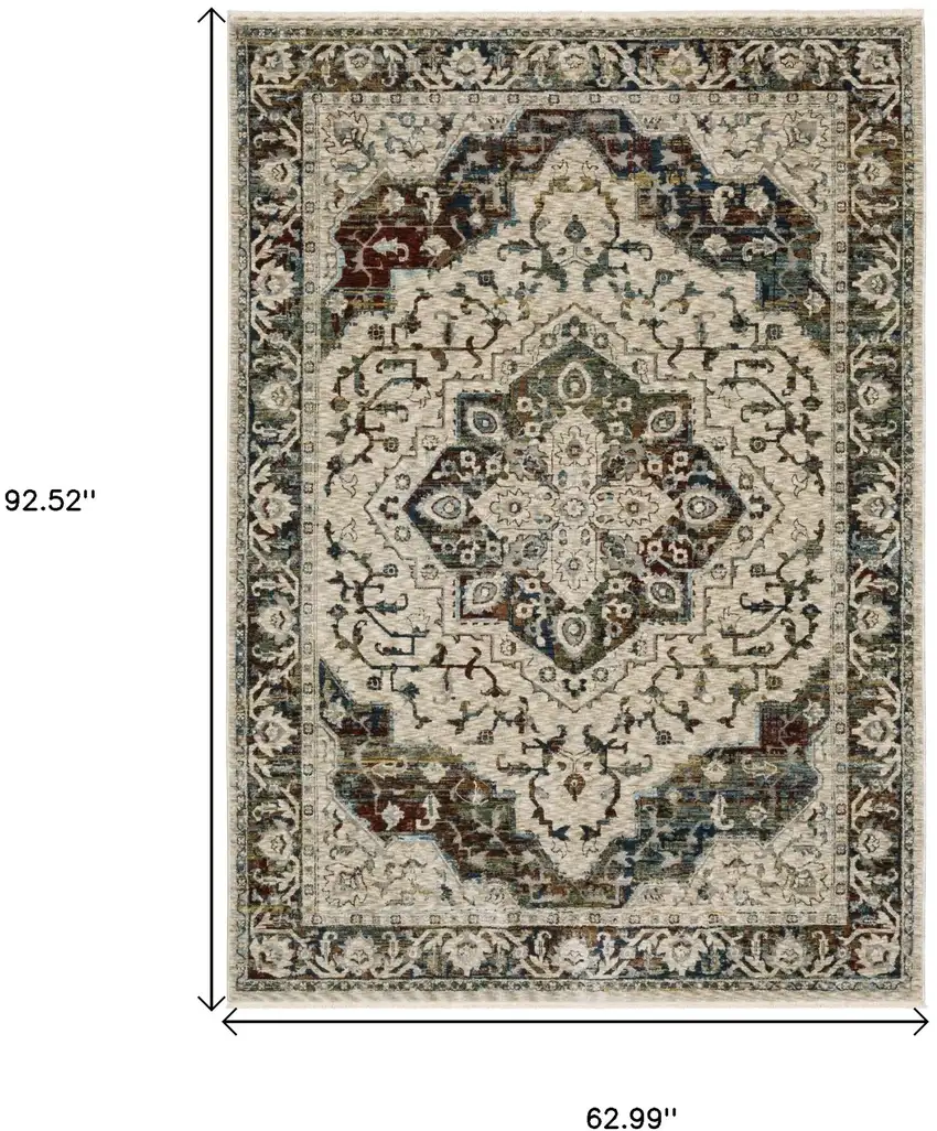 Ivory Brown And Red Medallion Area Rug With Fringe Photo 3