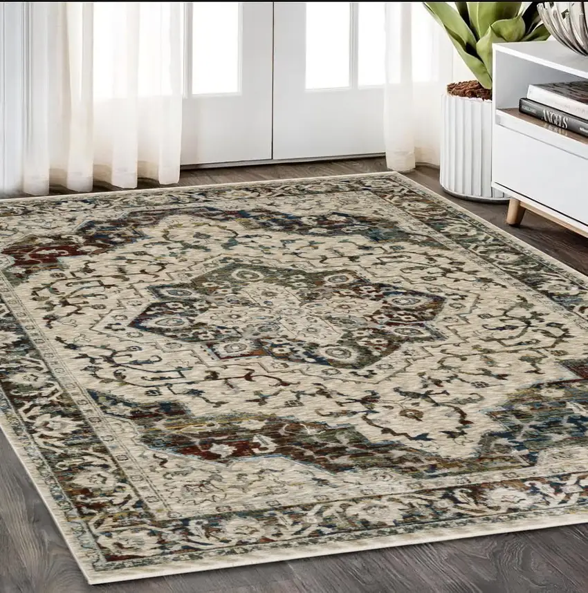 Ivory Brown And Red Medallion Area Rug With Fringe Photo 1