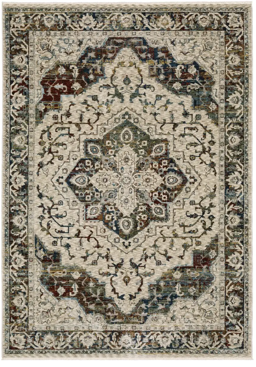 Ivory Brown And Red Medallion Area Rug With Fringe Photo 2