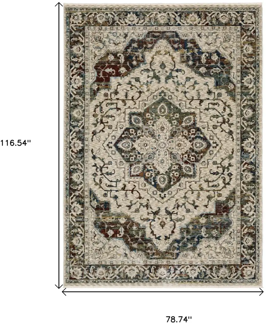 Ivory Brown And Red Medallion Area Rug With Fringe Photo 3