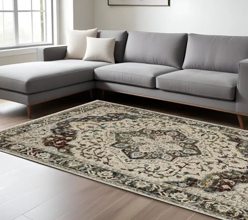 Ivory Brown And Red Medallion Area Rug With Fringe Photo 1