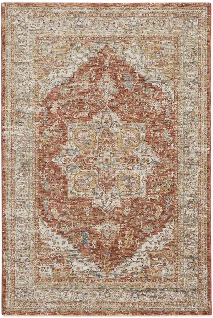 Ivory Brown And Yellow Oriental Distressed Area Rug Photo 5