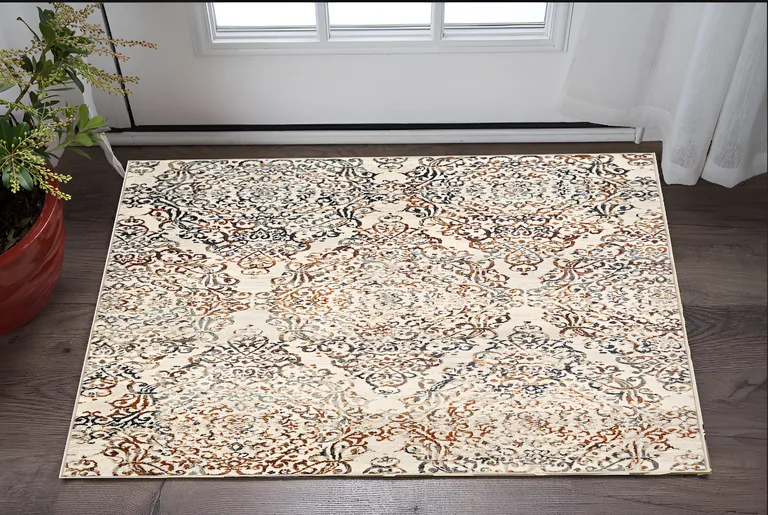 Ivory Brown Decorative Diamond Area Rug Photo 2