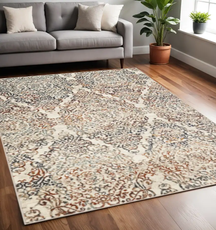 Ivory Rust And Green Oriental Area Rug Photo 1