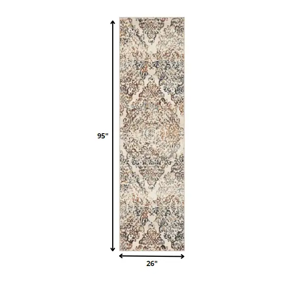 Ivory Brown Decorative Diamond Runner Rug Photo 3
