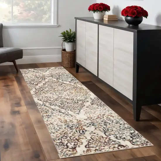 8' Ivory Rust And Green Oriental Runner Rug Photo 1