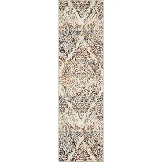 8' Ivory Rust And Green Oriental Runner Rug Photo 7