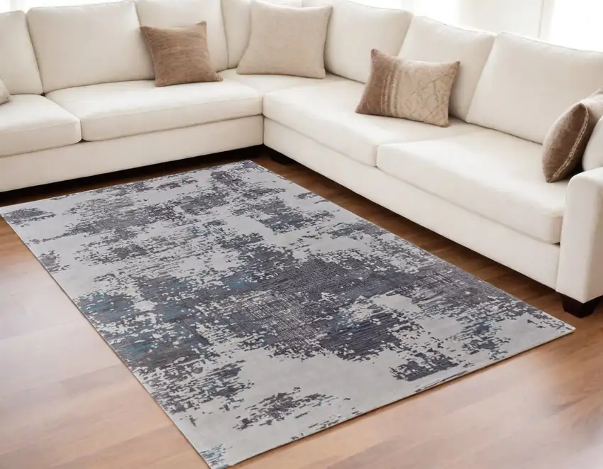 Ivory Brown and Blue Abstract Hand Tufted Area Rug Photo 1