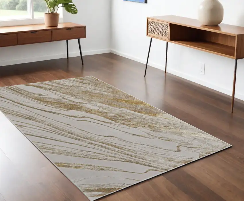 Ivory Brown and Gold Abstract Power Loom Area Rug Photo 2