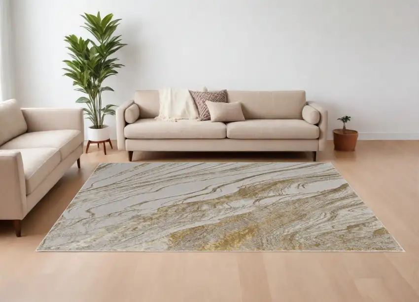 Ivory Brown and Gold Abstract Power Loom Area Rug Photo 2