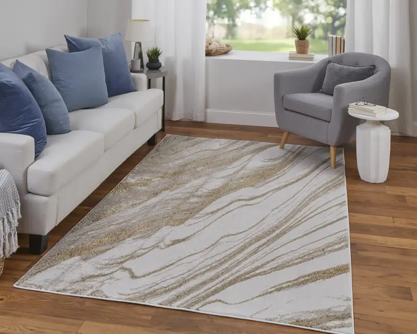 Ivory Brown and Gold Abstract Power Loom Area Rug Photo 8
