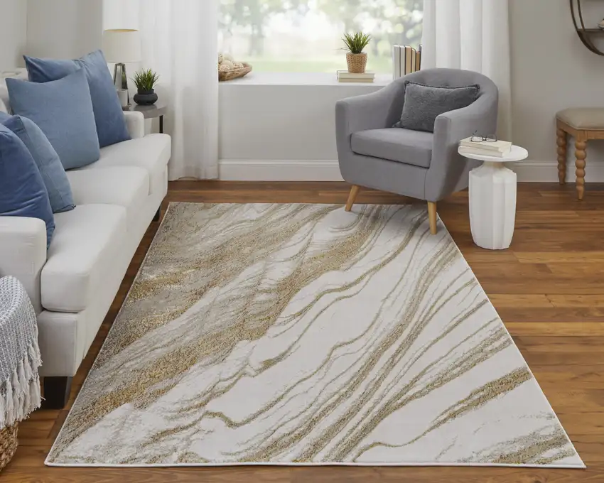 Ivory Brown and Gold Abstract Power Loom Area Rug Photo 7