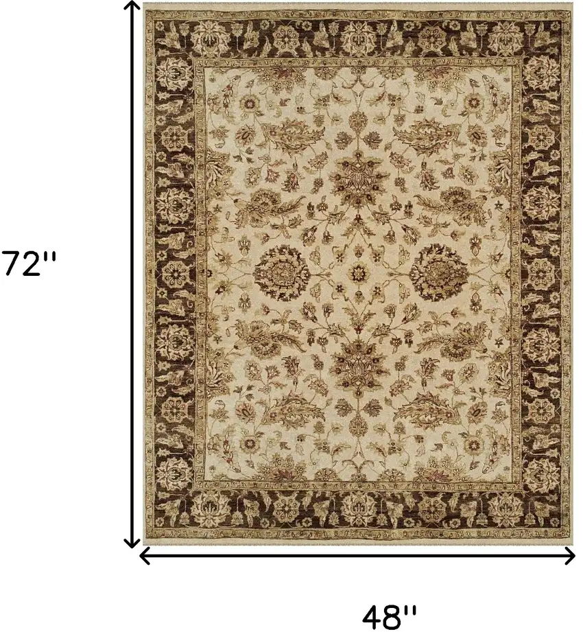 Ivory Brown and Gold Wool Oriental Hand Knotted Area Rug Photo 3
