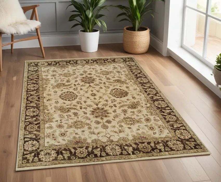 Ivory Brown and Gold Wool Oriental Hand Knotted Area Rug Photo 1