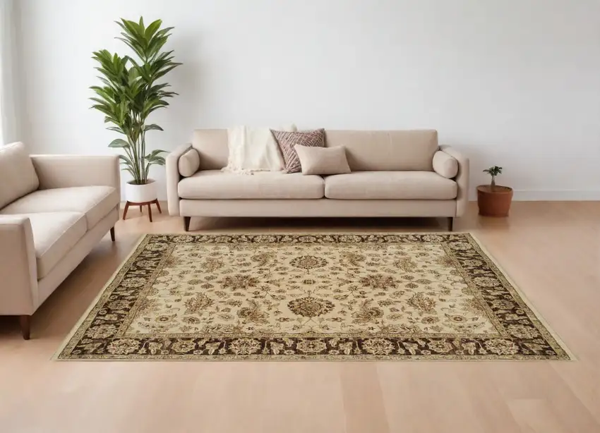 Ivory Brown and Gold Wool Oriental Hand Knotted Area Rug Photo 1