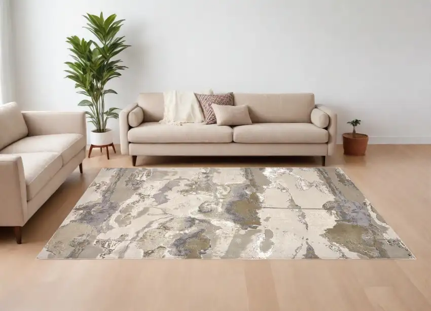 Ivory Brown and Gray Abstract Power Loom Area Rug Photo 1