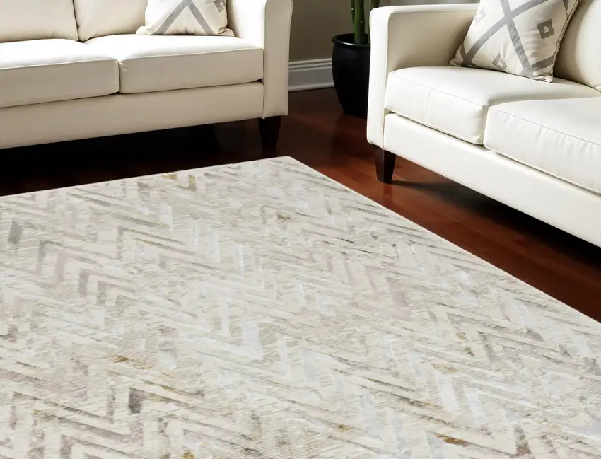 Ivory Brown and Gray Chevron Distressed Non Skid Area Rug Photo 1