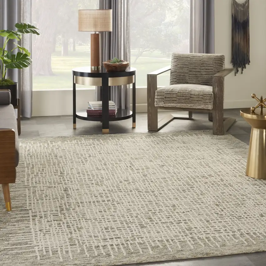 Ivory Brown and Gray Wool Abstract Area Rug Photo 9