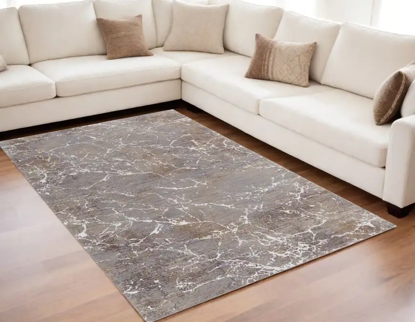Ivory Brown and Taupe Abstract Power Loom Area Rug Photo 1