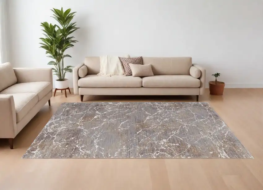 Ivory Brown and Taupe Abstract Power Loom Area Rug Photo 1