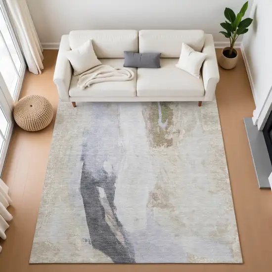 Ivory Charcoal And Beige Abstract Washable Area Rug With UV Protection Photo 5