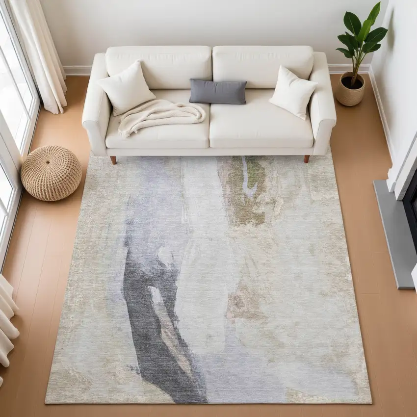 Ivory Charcoal And Beige Abstract Washable Area Rug With UV Protection Photo 5