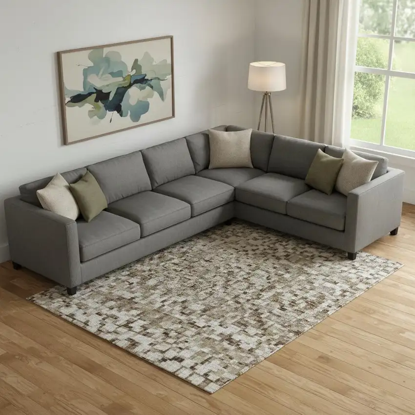 Ivory Charcoal And Beige Abstract Washable Area Rug With UV Protection Photo 2