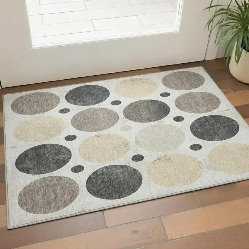 Ivory Charcoal And Beige Geometric Washable Area Rug With UV Protection Photo 2