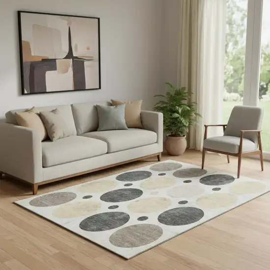 Ivory Charcoal And Beige Geometric Washable Area Rug With UV Protection Photo 2