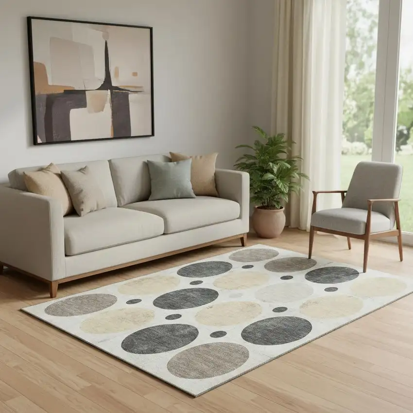 Ivory Charcoal And Beige Geometric Washable Area Rug With UV Protection Photo 2