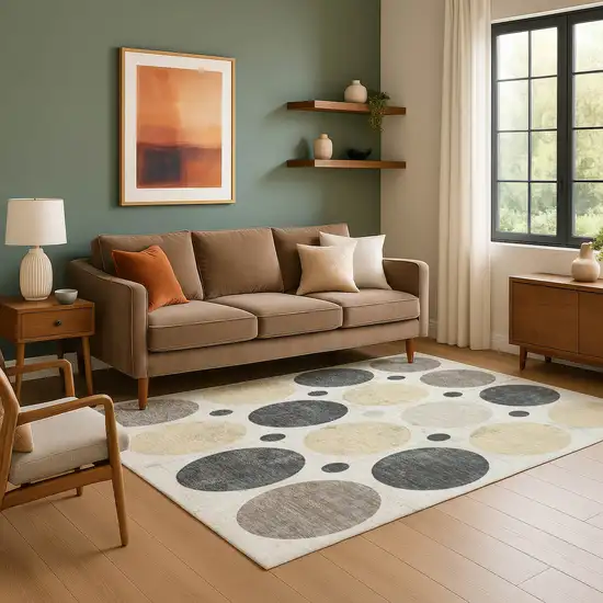 Ivory Charcoal And Beige Geometric Washable Area Rug With UV Protection Photo 6