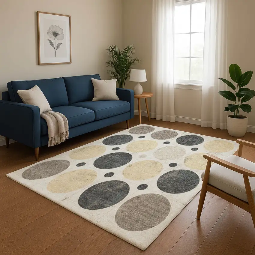 Ivory Charcoal And Beige Geometric Washable Area Rug With UV Protection Photo 5