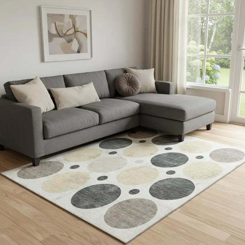 Ivory Charcoal And Beige Geometric Washable Area Rug With UV Protection Photo 2
